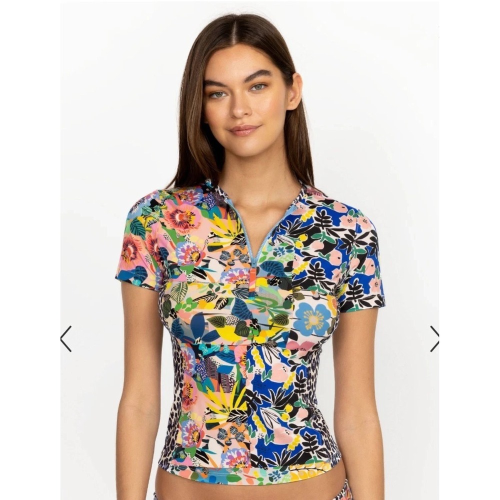 Johnny Was Layla Surf Swim Shirt Floral Tropical Sz M Quarter Zip Patchwork Top